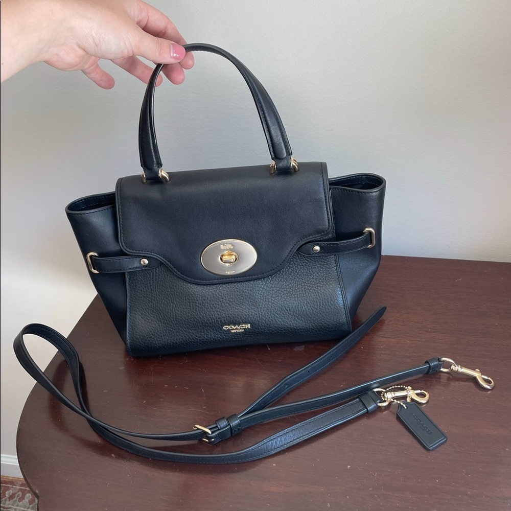 Black leather coach purse with gold hardware